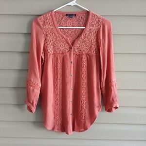 American Eagle XS coral pink gauzy & lace long sleeve blouse top